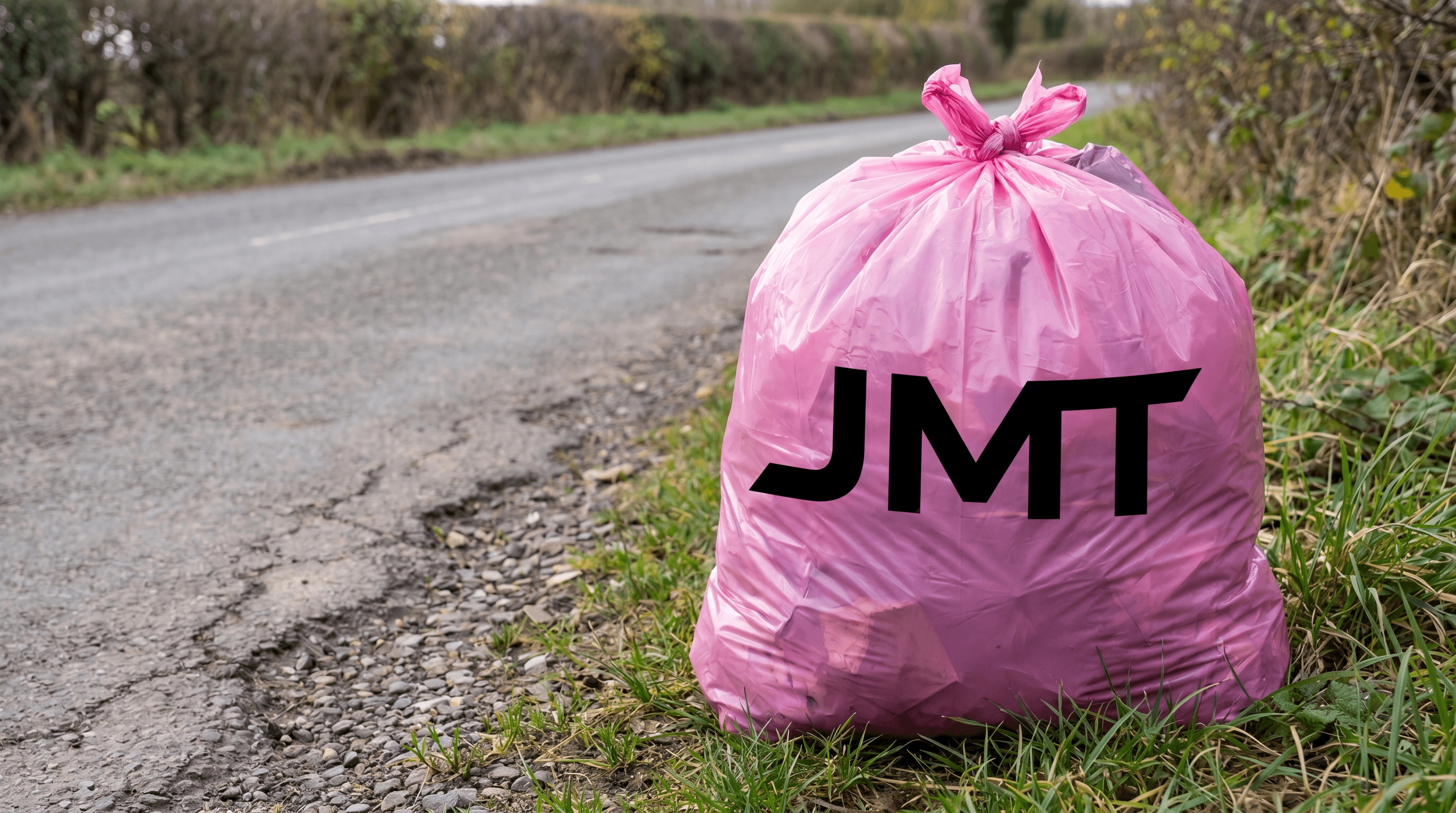 JMT-branded pink trash bag tied off on a roadside.