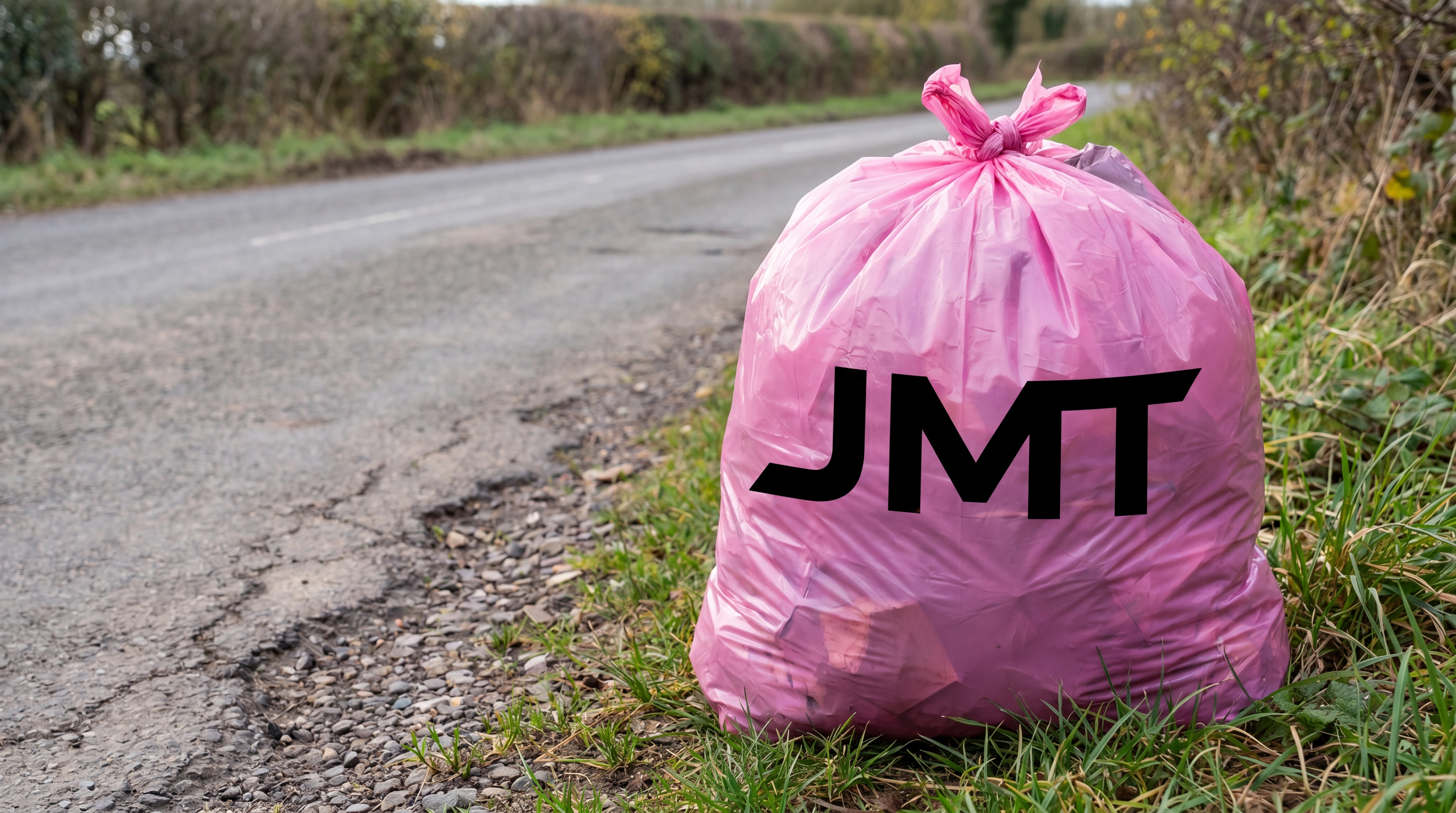 JMT-branded pink trash bag tied off on a roadside.