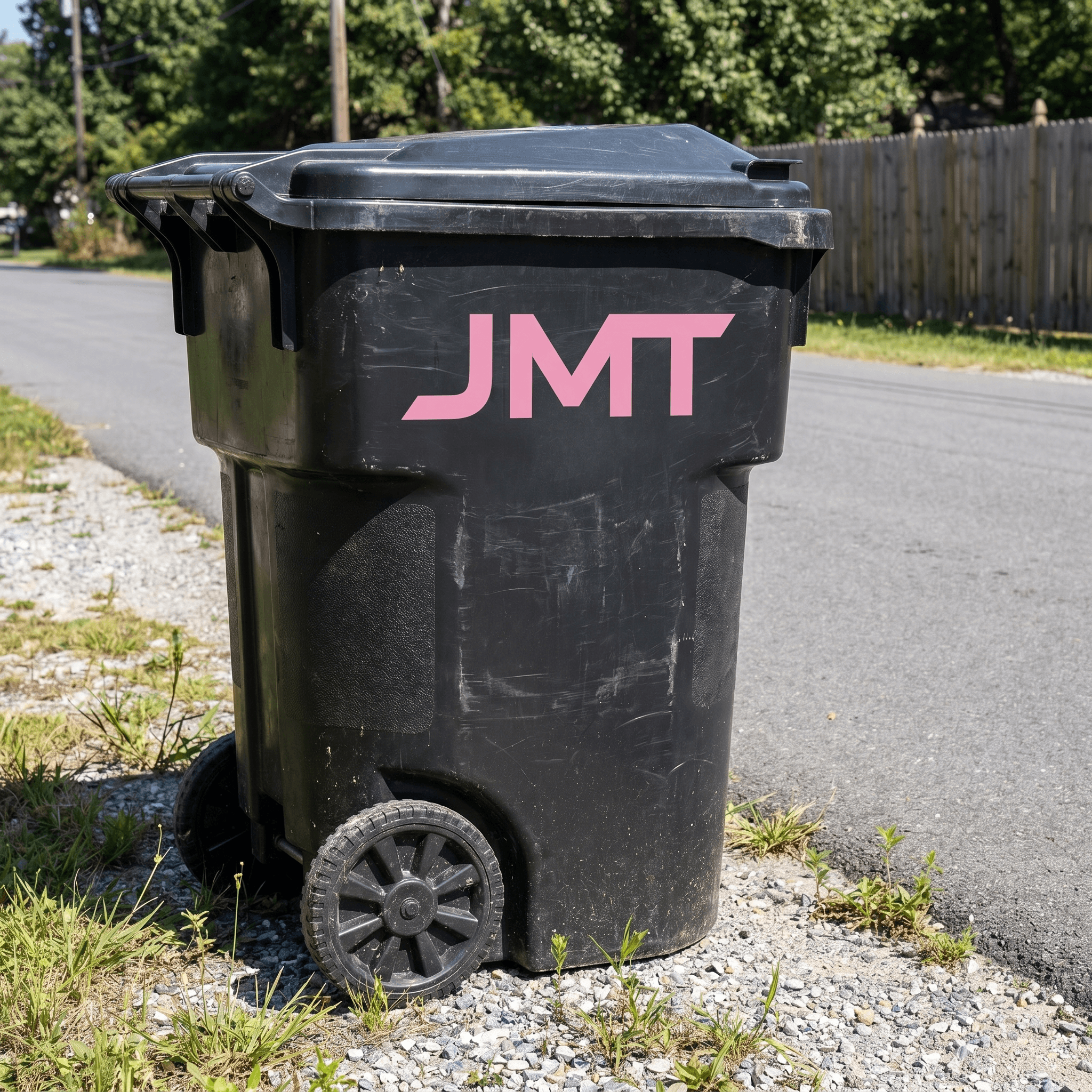JMT-branded curbside garbage tote on a Northern Michigan street.