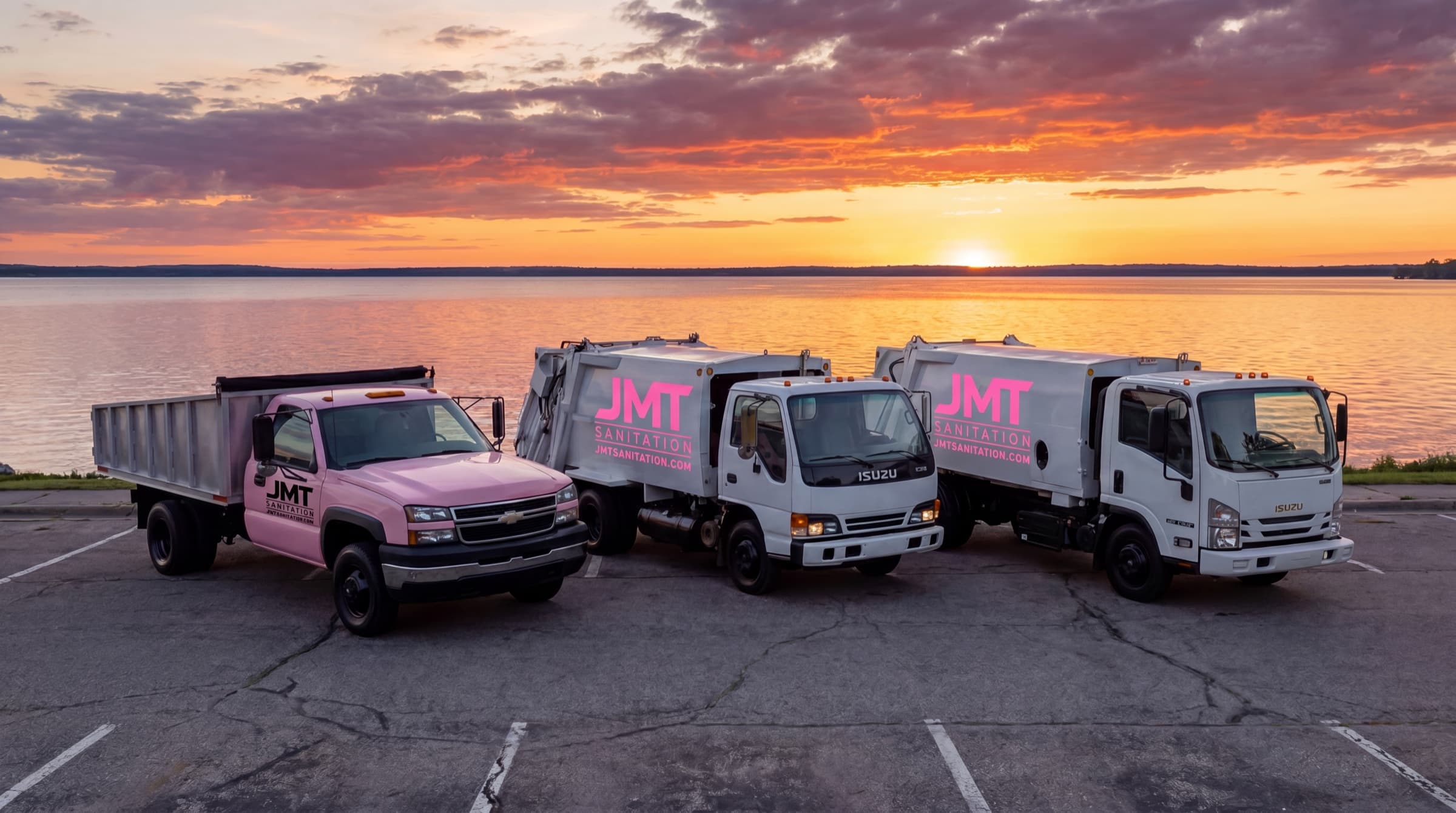 JMT Sanitation truck silhouetted against an Emmet County sunset.